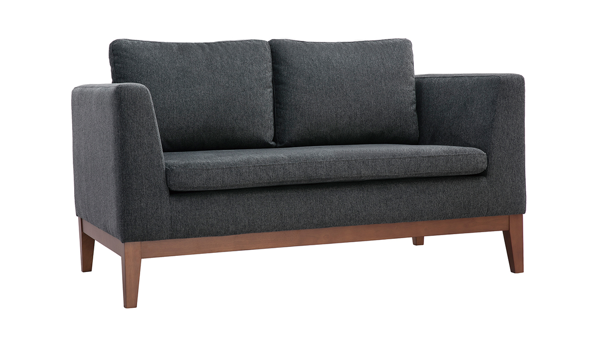 Canapé 2 places en tissu effet velours texturé gris foncé et bois foncé SHIRO