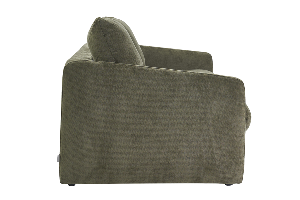 Canap� 2 places en tissu effet velours textur� vert kaki, vue de profil.