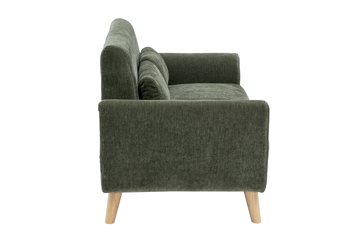 Canap� 2 places en tissu velours vert kaki, vue de profil avec pieds en bois clair.