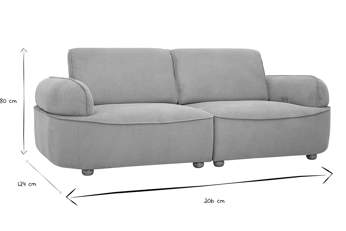 Dimensions du canap� 3 places OTIS : 206 cm longueur, 124 cm profondeur, 80 cm hauteur, en noir et blanc.