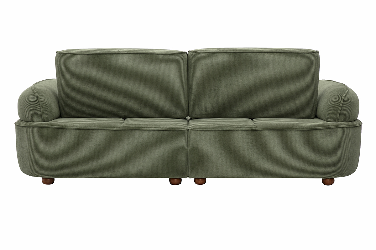 Canap� 3 places �lectrique OTIS en velours c�tel� vert kaki vue de dos avec accoudoirs arrondis et pieds en bois fonc�