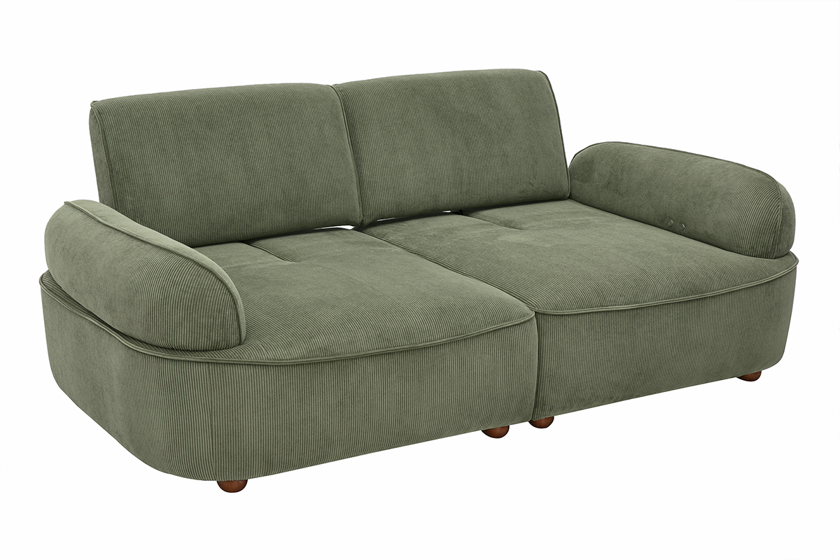 Canap� �lectrique 3 places en tissu velours c�tel� vert kaki avec accoudoirs arrondis