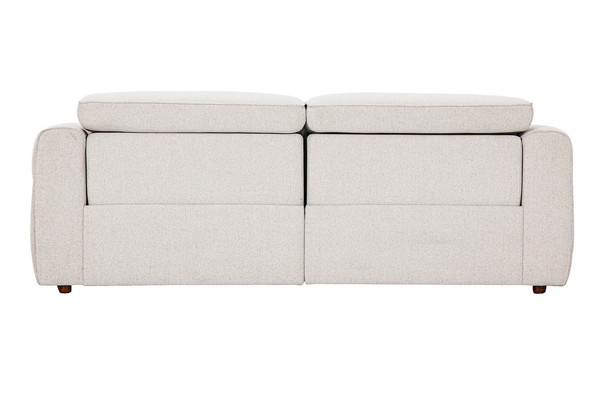 Canap� 3 places beige en tissu effet velours, vue de dos, avec accoudoirs carr�s et pieds en bois fonc�.