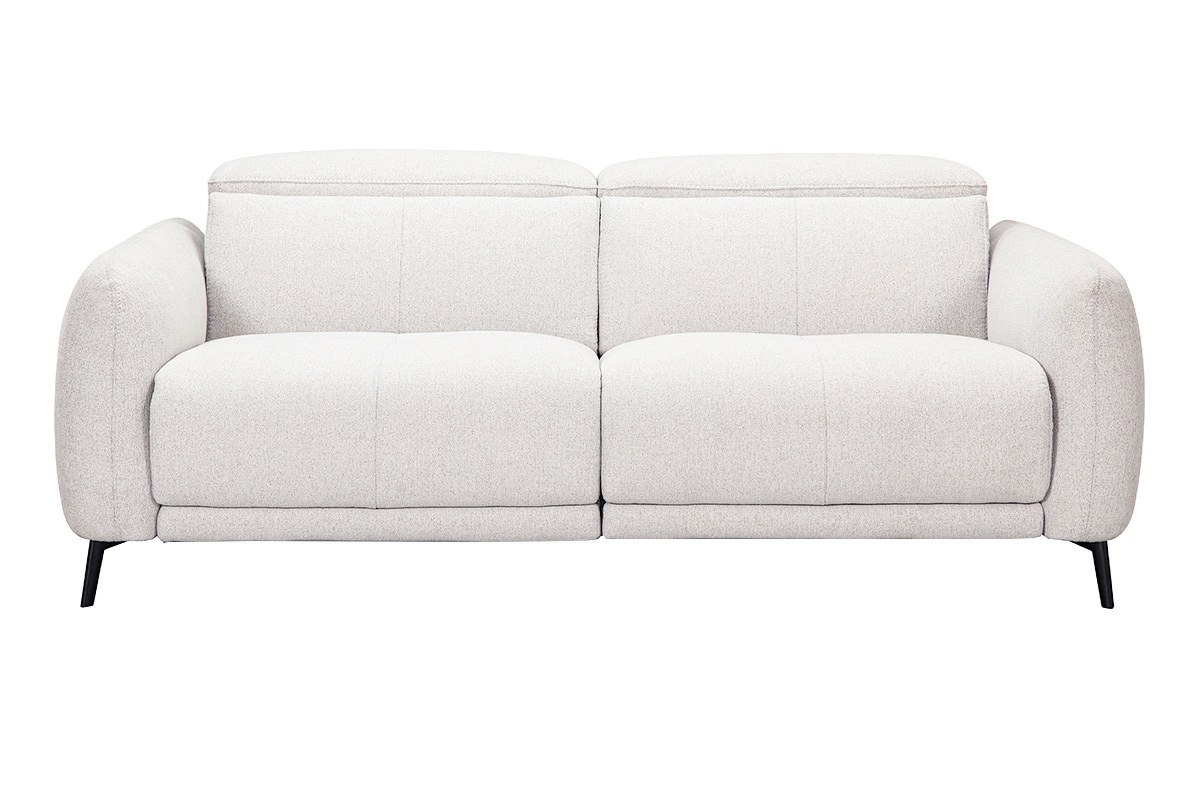 Canap� 3 places beige avec t�ti�res ajustables et repose-pieds �lectrique, vue de face.