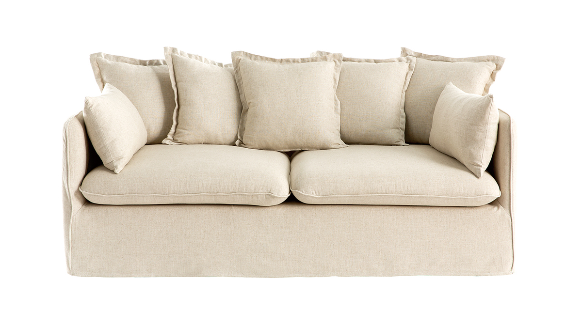Canapé 3 places déhoussable en lin coloris naturel MERLIN