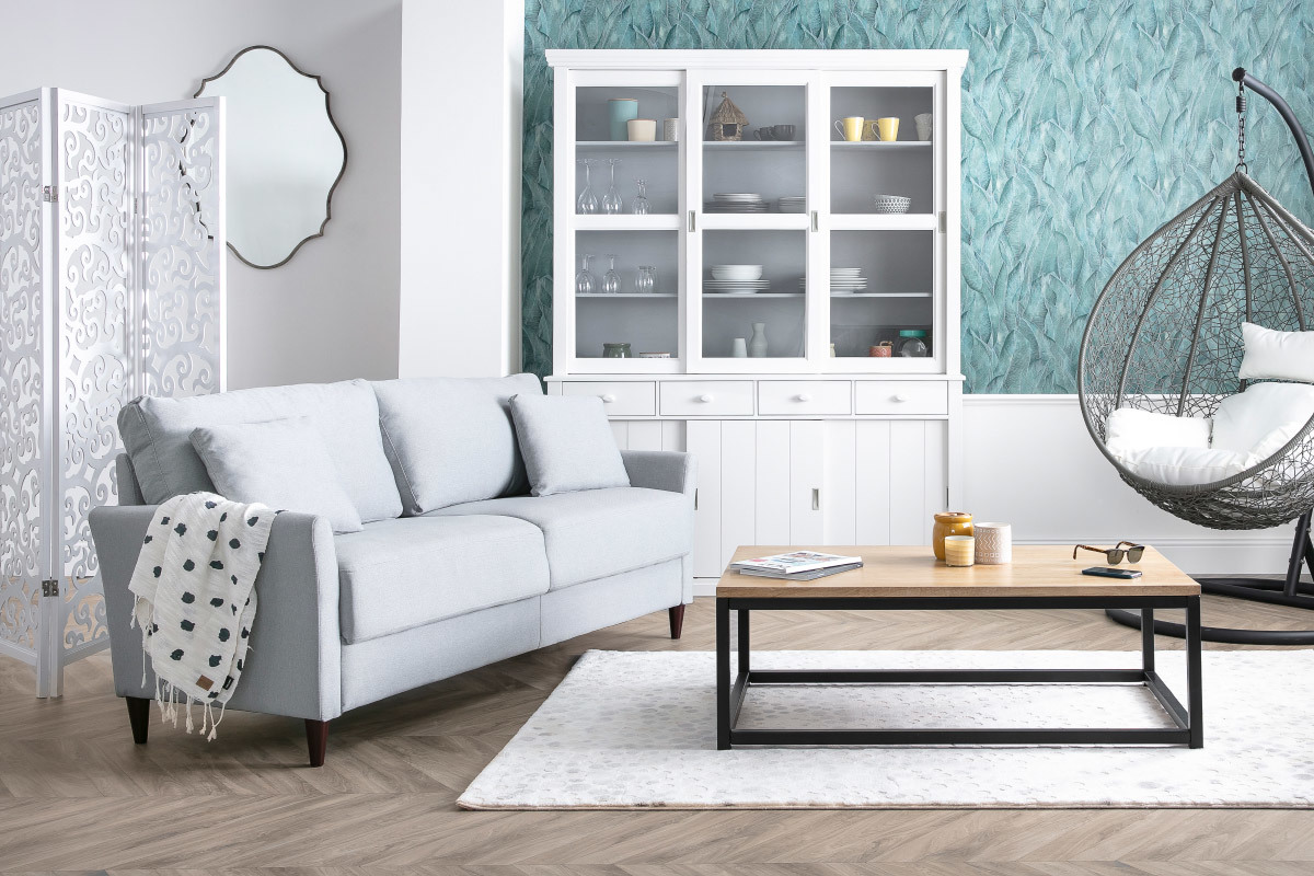 Canap� 3 places design en tissu bleu fonc� avec rangement MEDLEY