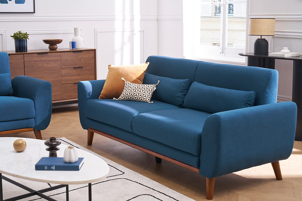 Canap 3 places en tissu bleu fonc et bois fonc EKTOR