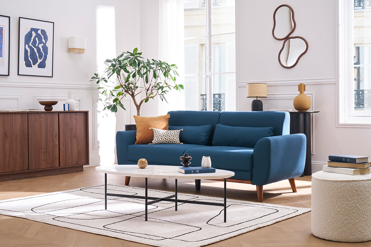 Canap 3 places en tissu bleu fonc et bois fonc EKTOR