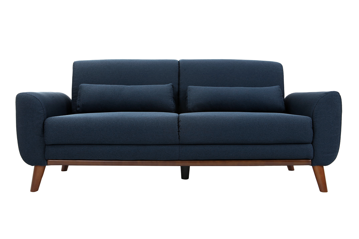 Canap 3 places en tissu bleu fonc et bois fonc EKTOR