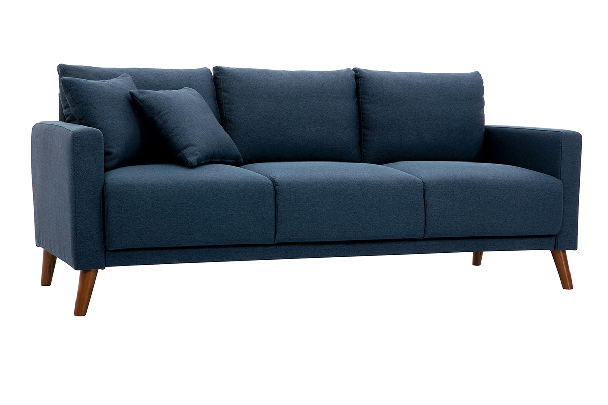 Canap 3 places en tissu bleu fonc et bois fonc MUNIK