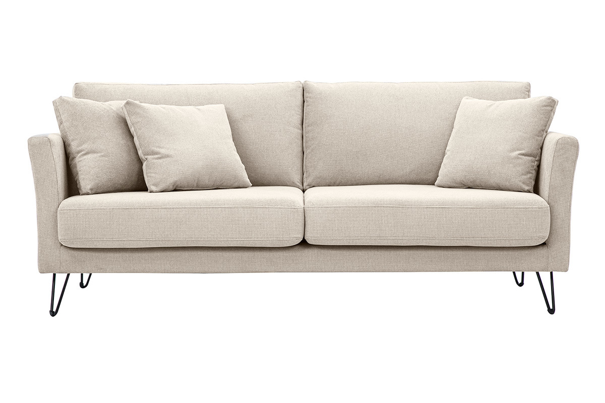 Canap� 3 places en tissu chenille beige avec trois coussins, vue de face