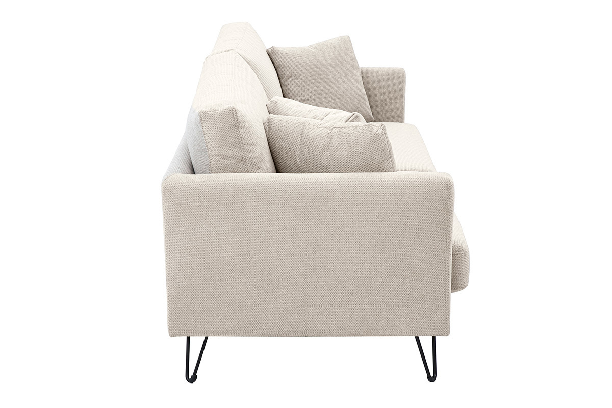 Canap� 3 places en tissu chenille beige vue de profil avec coussins d�houssables et pi�tement en m�tal noir