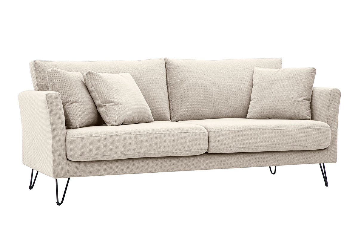 Canap� 3 places en tissu chenille beige avec coussins, vue de 3/4
