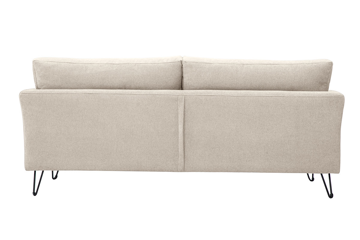 Canap� 3 places OSLO en tissu chenille beige, vue arri�re avec accoudoirs droits et pieds en m�tal noir.