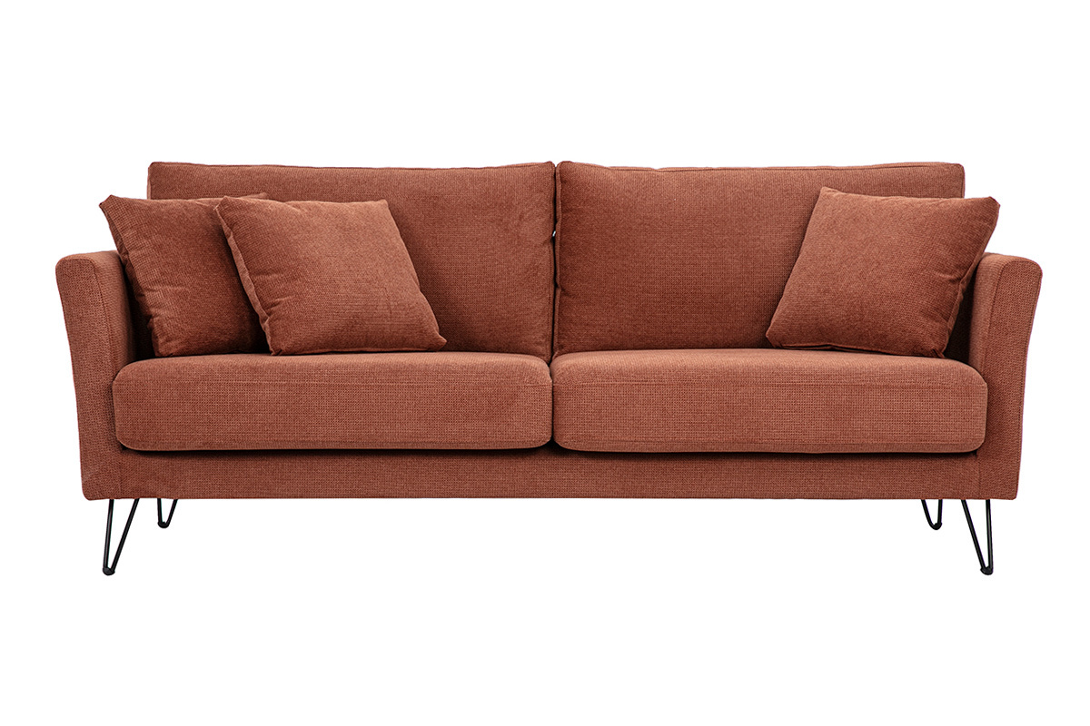 Canap� 3 places en tissu chenille terre br�l�e avec coussins, vue de face.