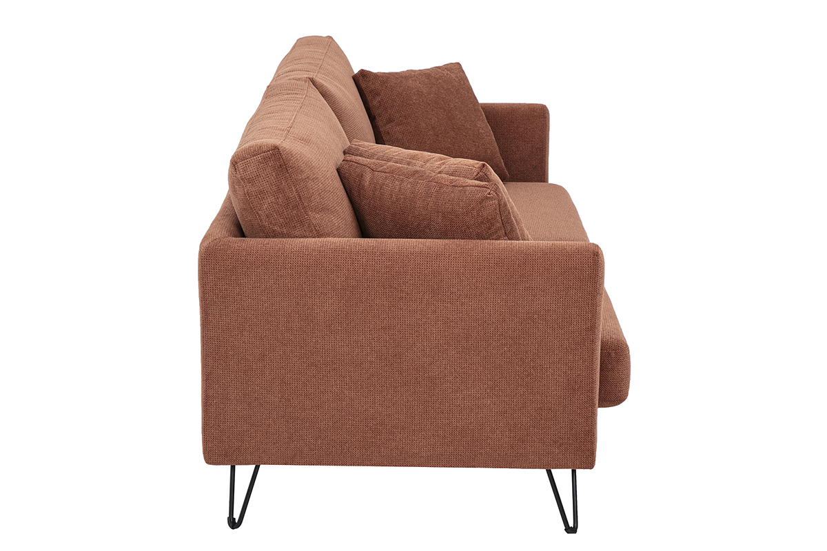 Canap� 3 places en tissu chenille terre br�l�e, vue de profil avec coussins.