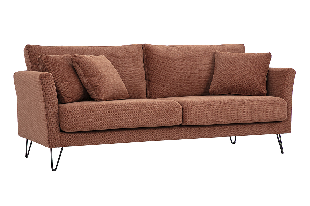 Canap� 3 places en chenille terre br�l�e avec coussins, vue de 3/4
