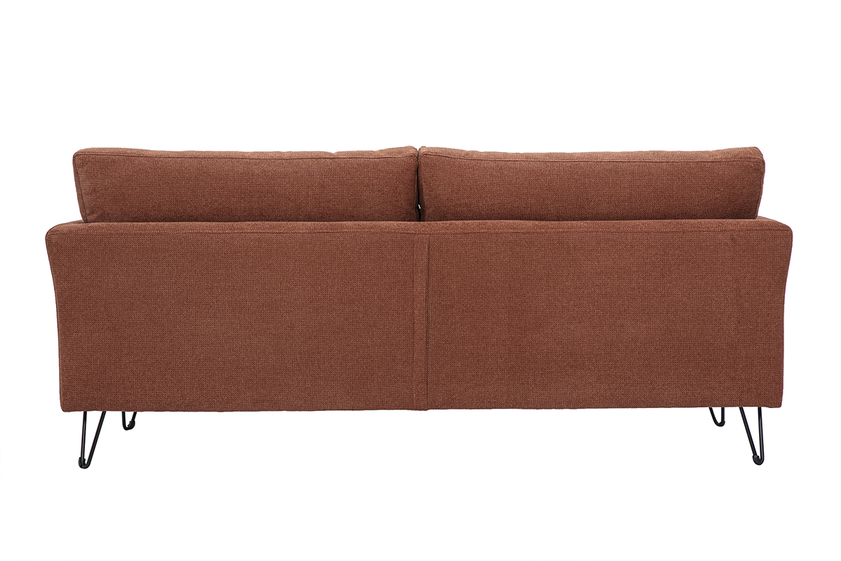 Canap� 3 places en tissu chenille terre br�l�e, vue de dos avec accoudoirs droits et coussins