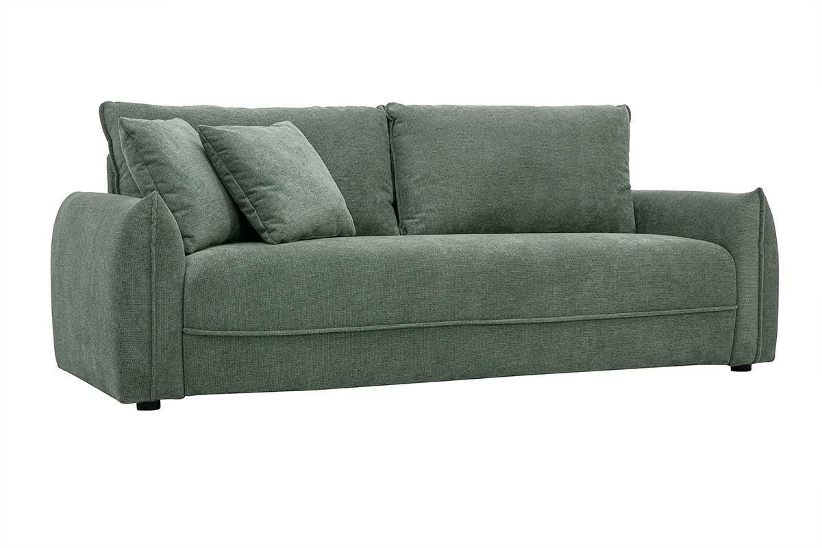 Canap� 3 places en tissu chenille vert kaki, vue de 3/4