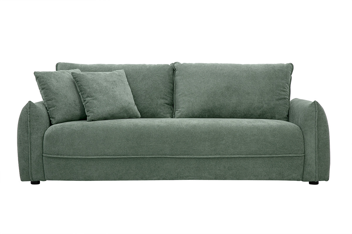 Canap� 3 places en tissu chenille vert kaki avec coussins, vue de face.