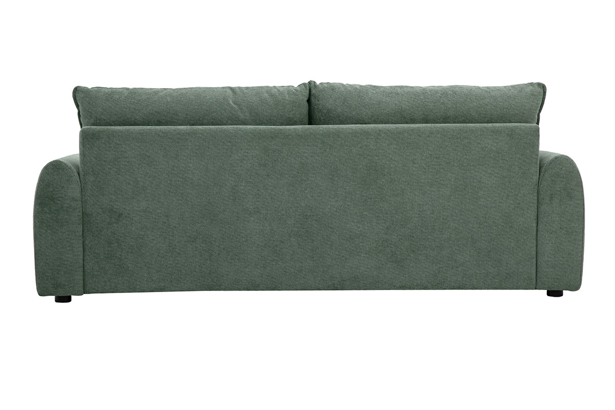 Canap� 3 places en tissu chenille vert kaki, vue de dos, avec coussins sur le dessus.