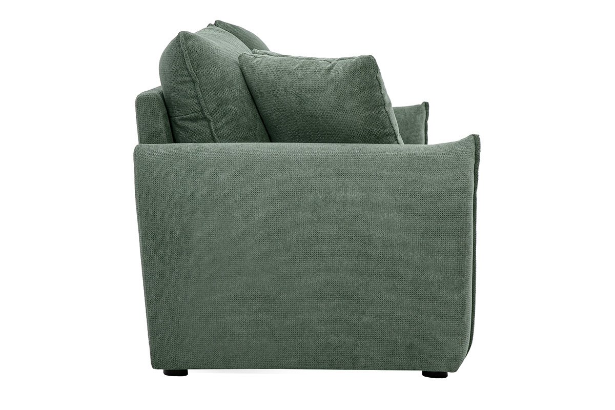 Canap� 3 places en tissu chenille vert kaki, vue de profil, avec coussins. Design contemporain et accueillant.