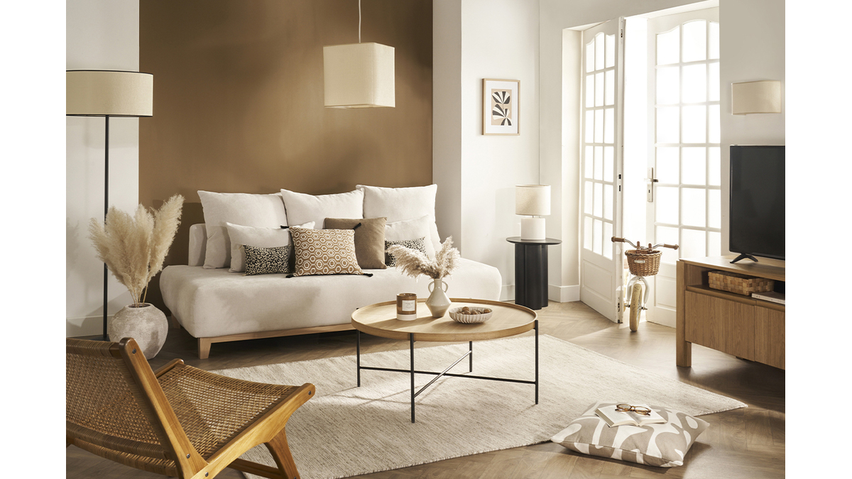 Canapé 3 places en tissu effet velours texturé beige et bois clair L200 cm ODEON