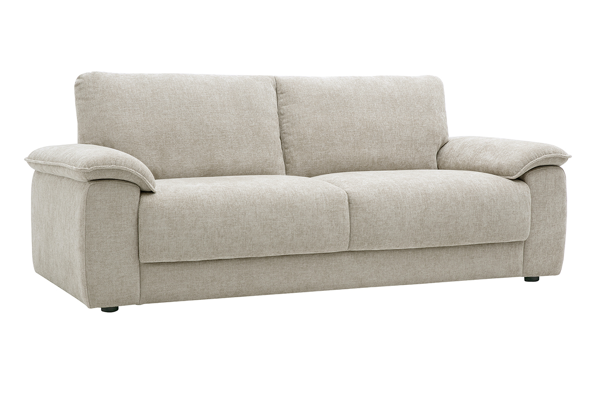 Canap� 3 places en tissu effet velours textur� beige, vue de 3/4
