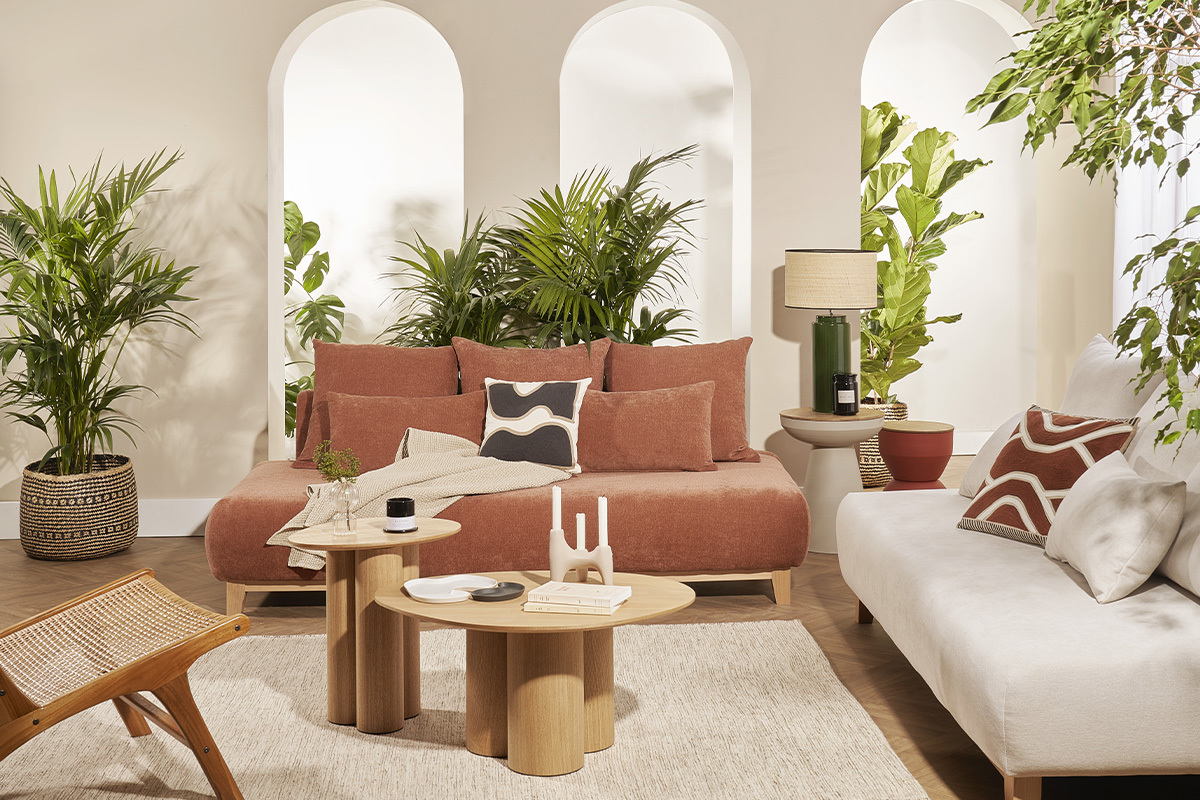 Canap� 3 places en tissu effet velours textur� gris et bois clair L200 cm ODEON