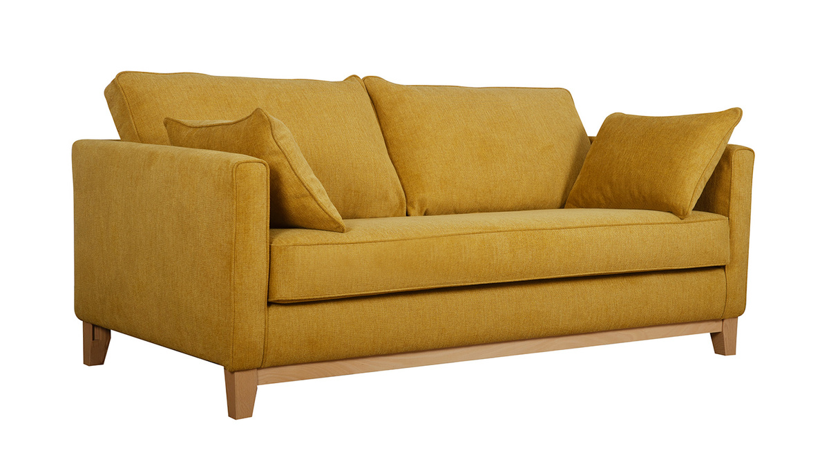 Canapé 3 places en tissu effet velours texturé jaune cumin et bois clair HARRISON