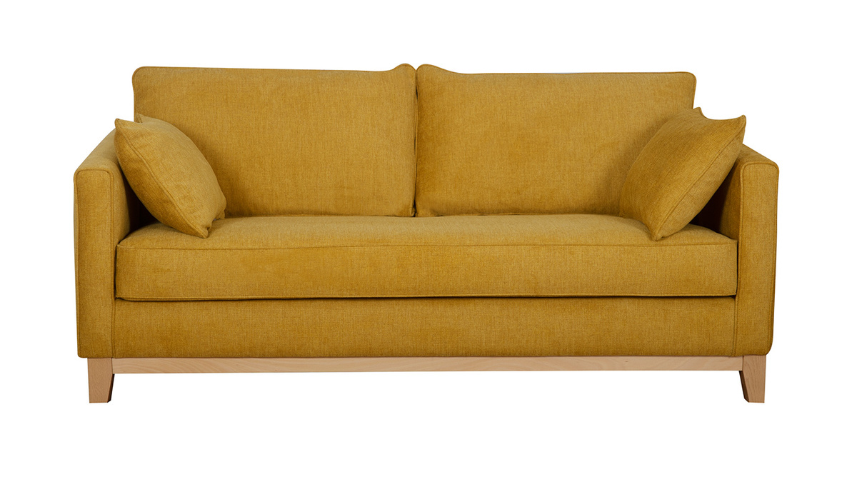 Canapé 3 places en tissu effet velours texturé jaune cumin et bois clair HARRISON - Miliboo & Stéphane Plaza