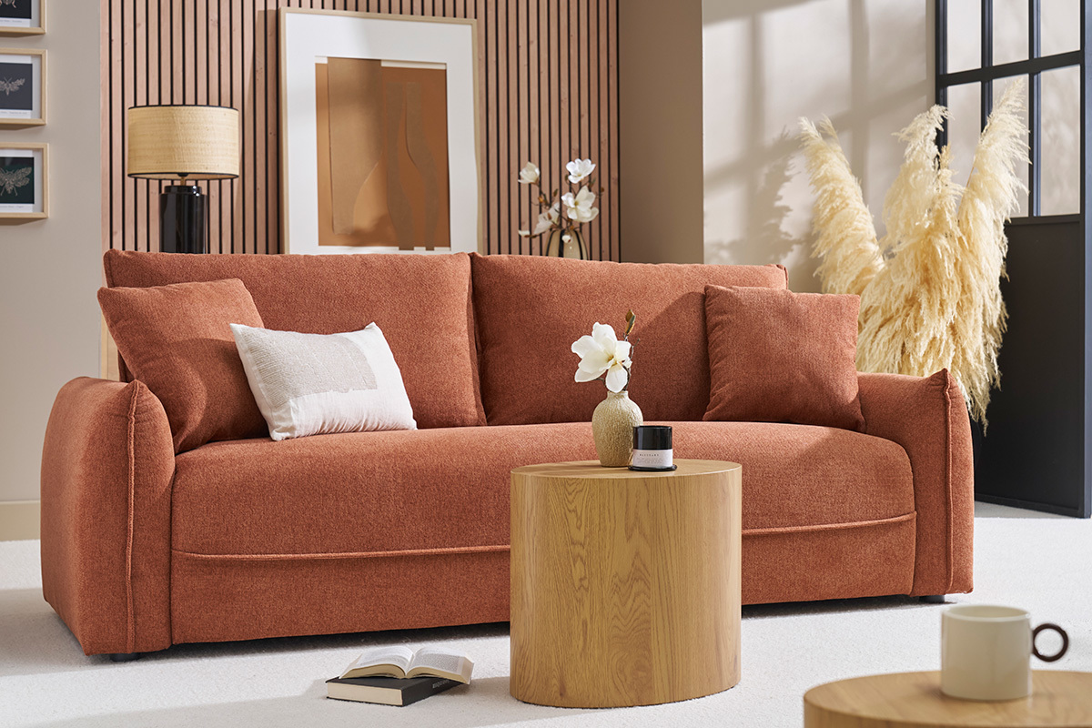 Canap 3 places en tissu effet velours textur terre brle PIO