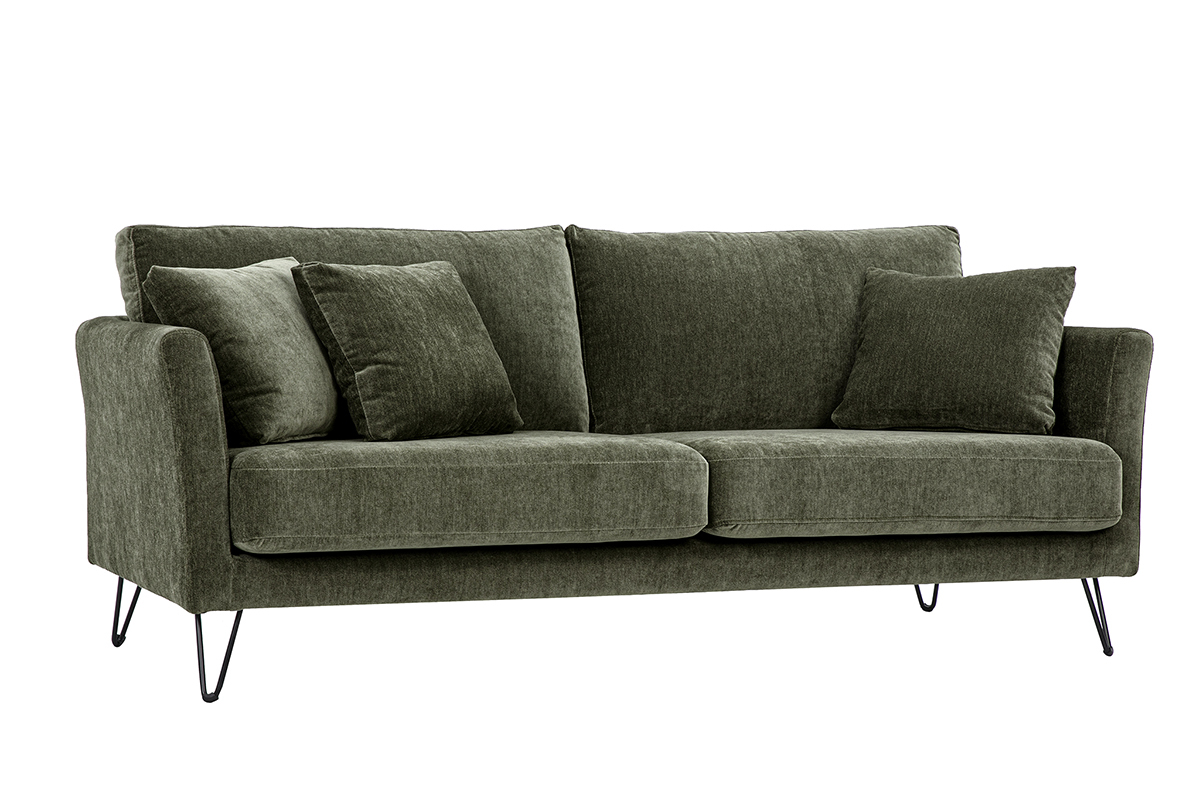 Canap� 3 places en tissu effet velours vert kaki avec coussins, vue de 3/4