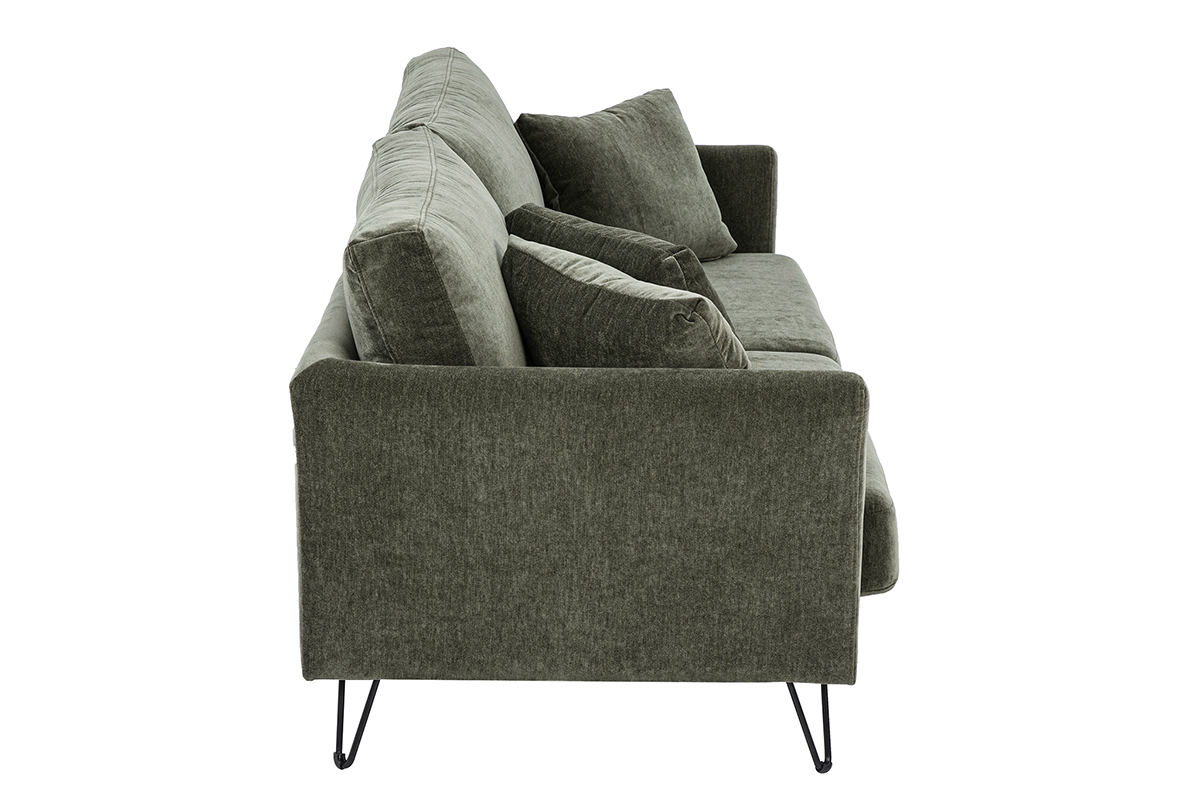 Canap� 3 places en tissu velours vert kaki, vue de profil, avec coussins d�houssables et pi�tement en m�tal noir.