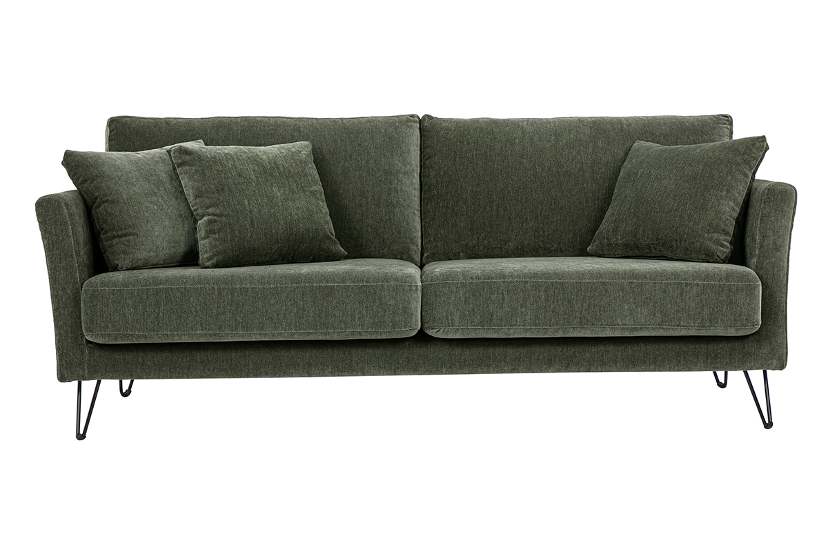 Canap� 3 places en tissu effet velours vert kaki avec coussins, vue de face