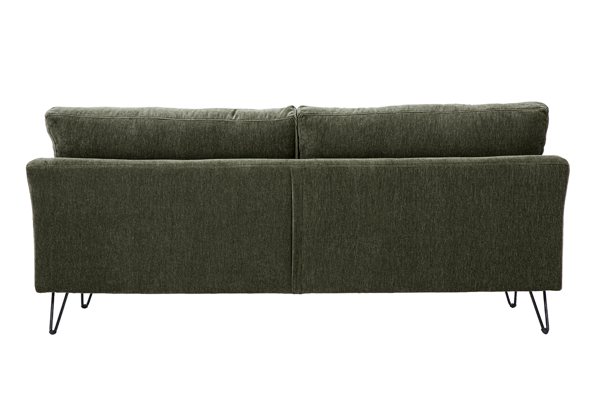 Canap� 3 places OSLO en tissu effet velours vert kaki, vue de dos avec accoudoirs droits.