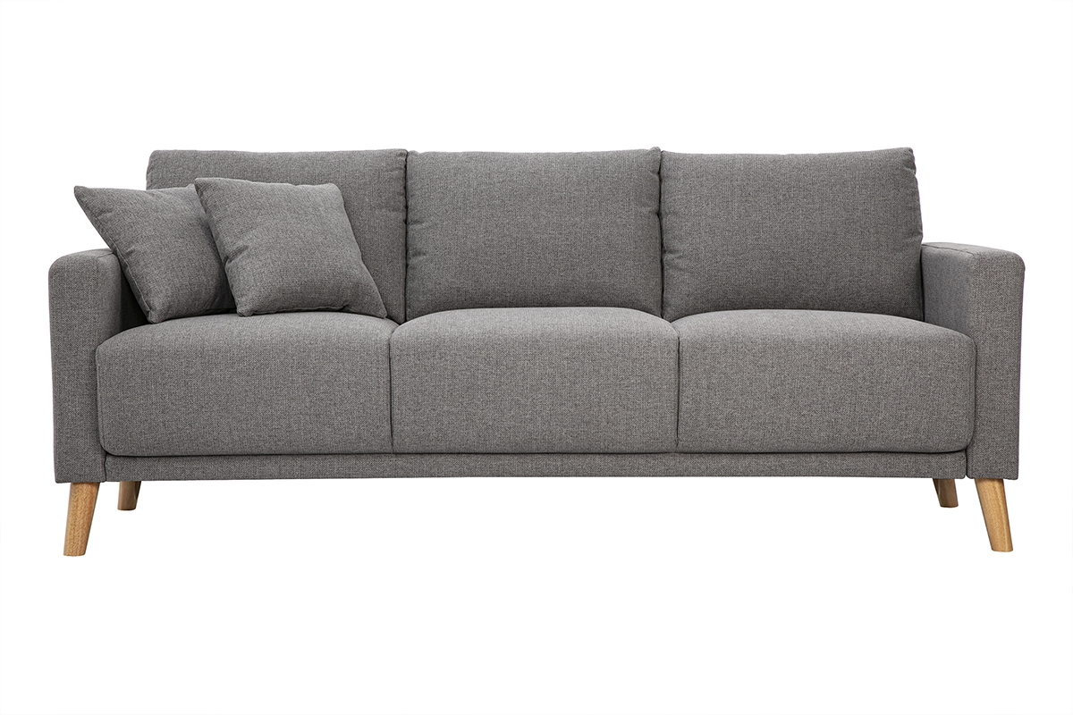 Canap� 3 places gris en tissu avec pied en bois clair vue de face.