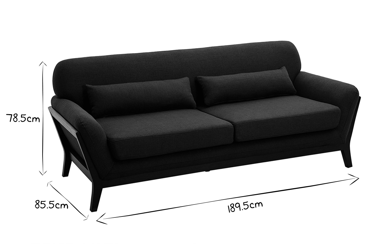 Canap� 3 places en tissu gris fonc� et bois noir YOKO