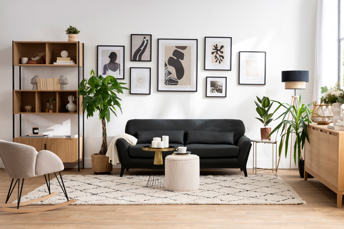 Canap� 3 places en tissu gris fonc� et bois noir YOKO