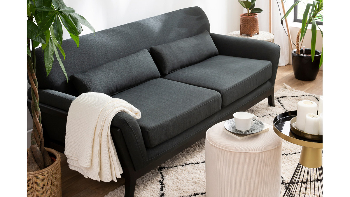 Canapé 3 places en tissu gris foncé et bois noir YOKO