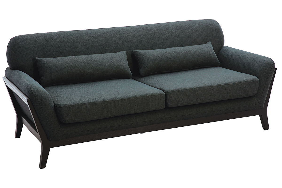 Canap� 3 places en tissu gris fonc� et bois noir YOKO