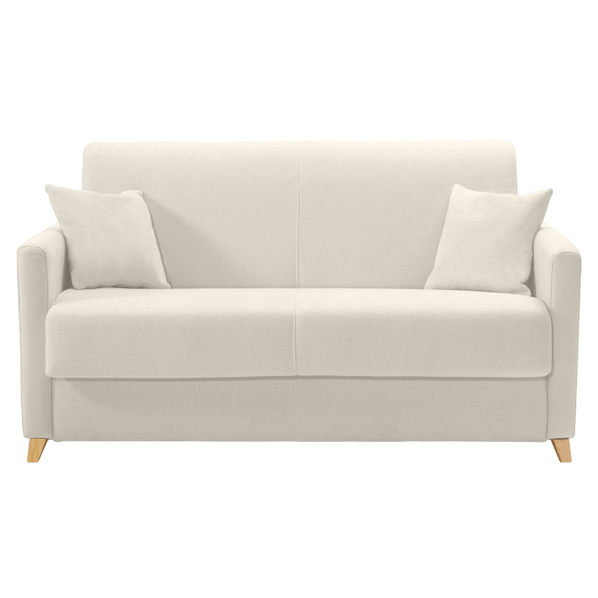 Canapé convertible 2-3 places en tissu beige et bois clair avec matelas 13 cm SKANDY Canapé convertible 2-3 places en tissu beige et bois clair avec matelas 13 cm SKANDY