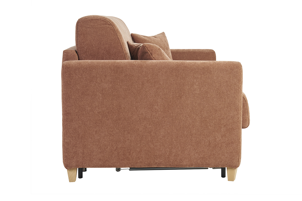 Canap convertible en tissu velours terre brle, vue de profil, pieds en bois clair.