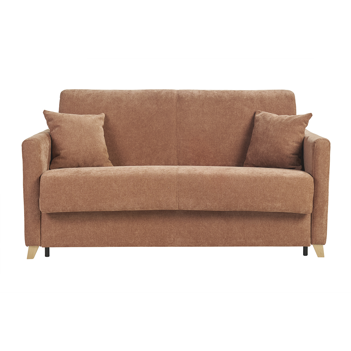Canapé convertible 2-3 places en tissu effet velours terre brûlée et bois clair avec matelas 13 cm SKANDY Canapé convertible 2-3 places en tissu effet velours terre brûlée et bois clair avec matelas 13 cm SKANDY