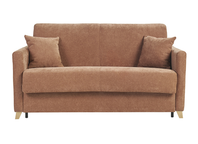 Canapé convertible 2-3 places en tissu effet velours terre brûlée et bois clair avec matelas 13 cm SKANDY