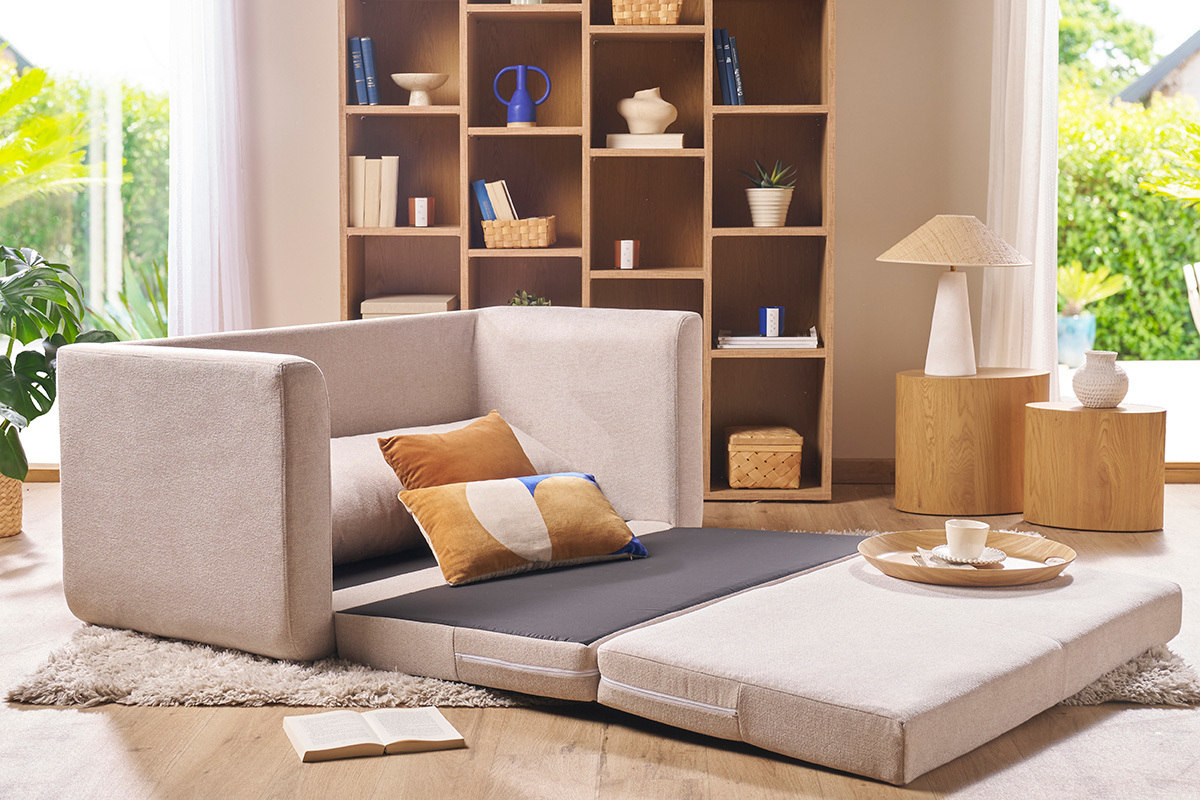 Canap convertible 2 places en tissu effet velours textur beige LEON