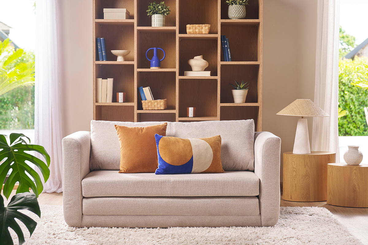 Canap convertible 2 places en tissu effet velours textur beige LEON