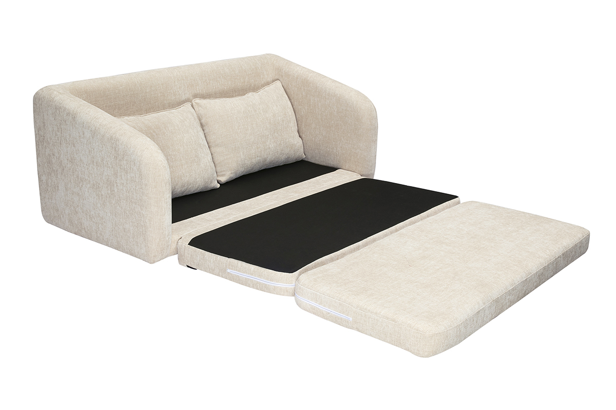 Canap convertible beige effet velours, ouvert en lit.
