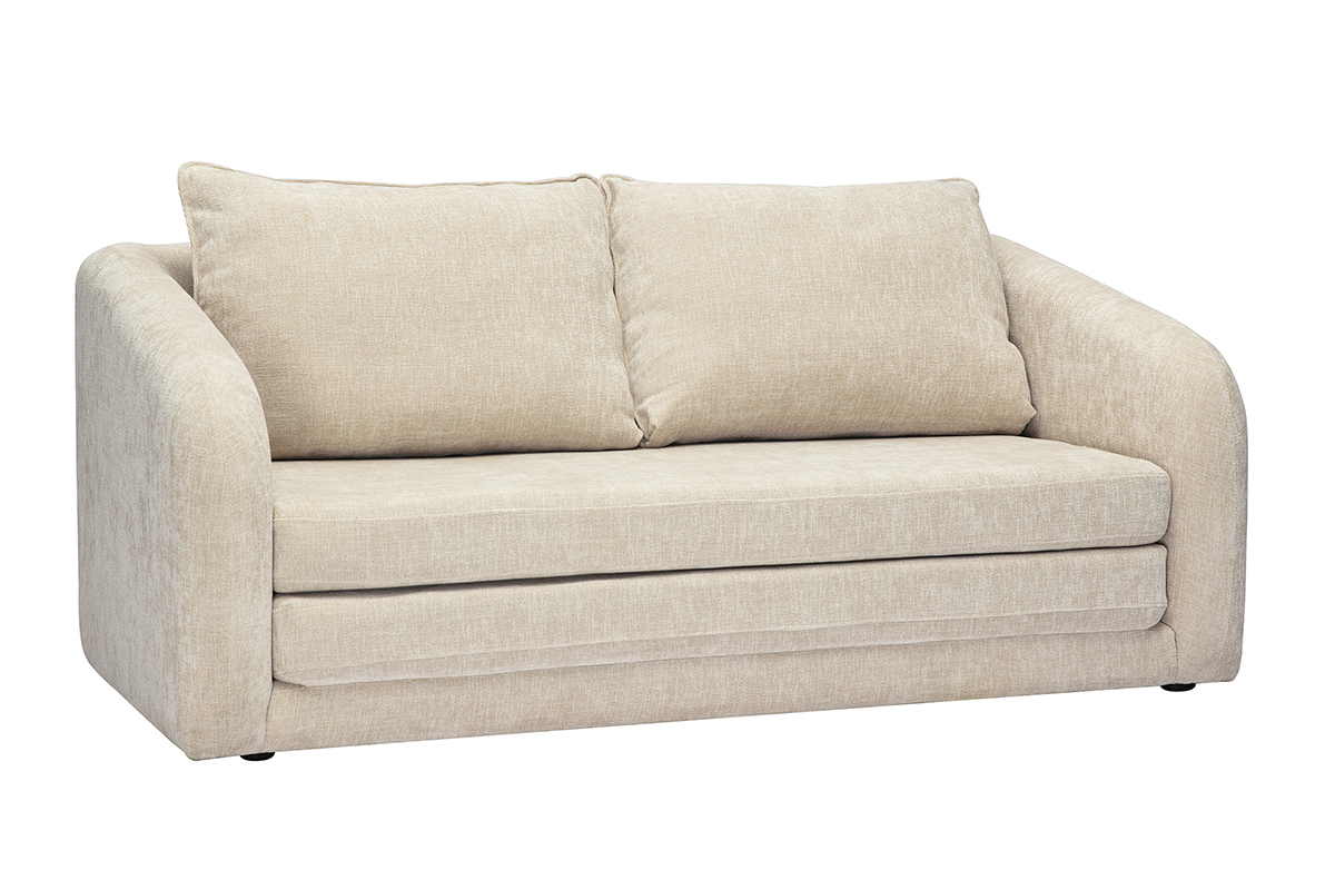Canap convertible 2 places en tissu effet velours beige avec coussins, vue de 3/4.