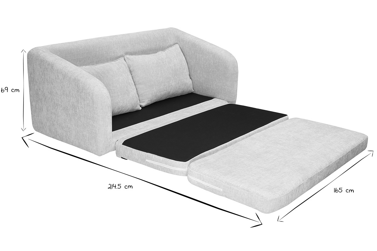 Canap convertible MAHAUT en position lit, vue de profil avec dimensions illustres.